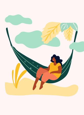 Women relaxing at the beach. Woman reclining in coastal hammocks, savoring sunny alfresco. Vacation mood concept. Vector illustration.のイラスト素材
