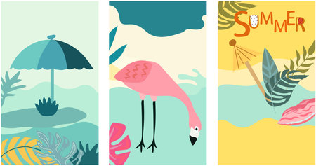 An imaginative backdrop featuring a picturesque seaside landscape, a vibrant sun, flamboyant foliage, and the playful presence of a flamingo. A collection of summer-themed posters. Vector.のイラスト素材