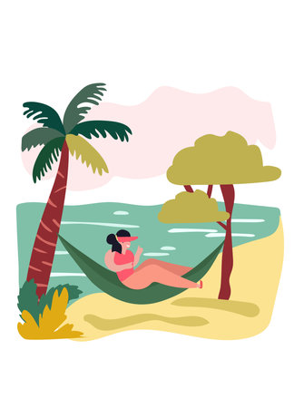 Women relaxing at the beach. Woman reclining in coastal hammocks, savoring sunny alfresco. Vacation mood concept. Vector illustration.のイラスト素材