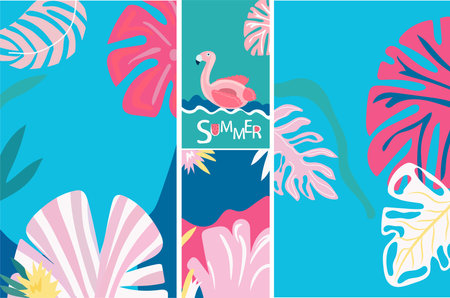 The essence of summertime enjoyment. Background with a seaside landscape, colorful palm leaves, pink flamingo. A of summer themed posters. Vector.のイラスト素材