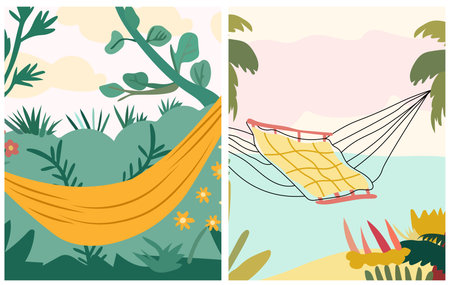A picturesque place with hammocks. This illustration embodies the essence of summer vacation and relaxation, capturing the allure of nature. Concept vacation and happiness. . Vector illustrationのイラスト素材