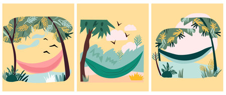 A picturesque place with hammocks. This illustration embodies the essence of summer vacation and relaxation, capturing the allure of nature. Concept vacation and happiness. . Vector illustrationのイラスト素材