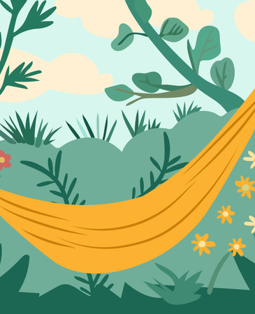 A picturesque place with hammocks. This illustration embodies the essence of summer vacation and relaxation, capturing the allure of nature. Concept vacation and happiness. . Vector illustrationのイラスト素材