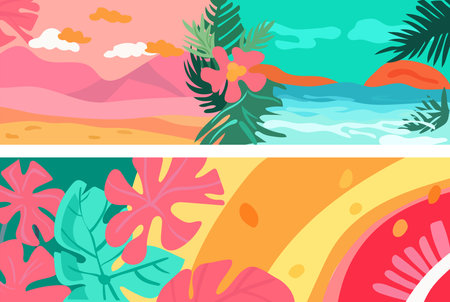 Hello summer. Set of horizontal summer banners with colorful tropical leaves, flowers. Relaxation...
