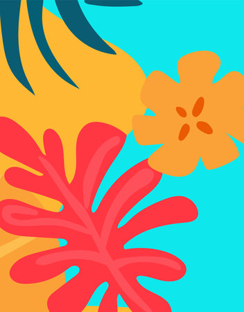 Bright summer color banner with colorful tropical leaves, flowers. The concept of relaxation. Templates are perfect for ads, banners, websites, posters. Vector graphics.のイラスト素材