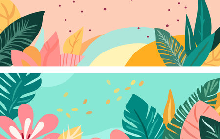 Hello summer. Set of horizontal summer banners with colorful tropical leaves, flowers. Relaxation...