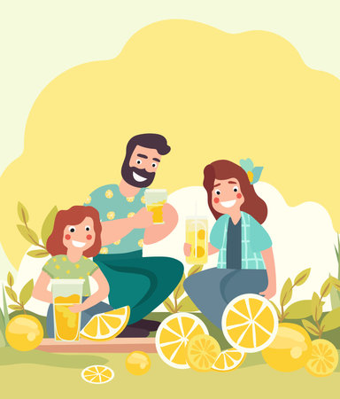 Happy family enjoys the outdoors while sipping refreshing lemonade and sharing moments of joy. Concept of active recreation in nature. Poster for or invitation for your design. Vector.のイラスト素材