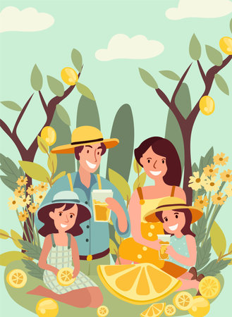 Happy family enjoys the outdoors while sipping refreshing lemonade and sharing moments of joy. Concept of active recreation in nature. Poster for or invitation for your design. Vector.のイラスト素材