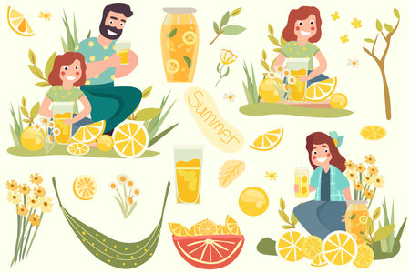 Happy family enjoys the outdoors while sipping refreshing lemonade and sharing moments of joy.Fruit drink, mother, father and child, flowers.Picnic on the nature.Poster for your design. Vector.のイラスト素材