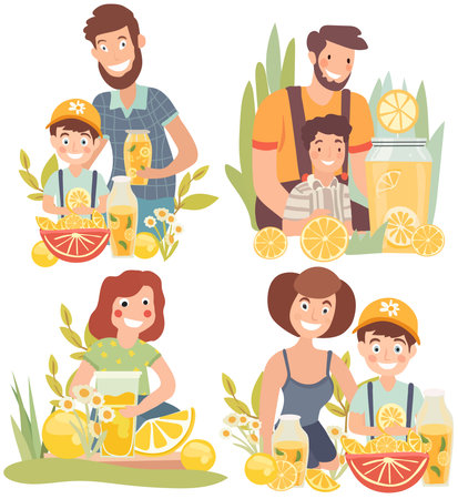 Happy family enjoys the outdoors while sipping refreshing lemonade and sharing moments of joy.Fruit drink, mother, father and child, flowers.Picnic on the nature.Poster for your design. Vector.のイラスト素材