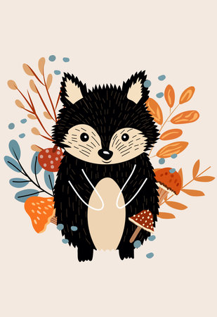 Cute forest adorable hedgehog with wild berries and leaves. Woodland animals. Perfect for web, banner, card, poster. Vector illustration.のイラスト素材