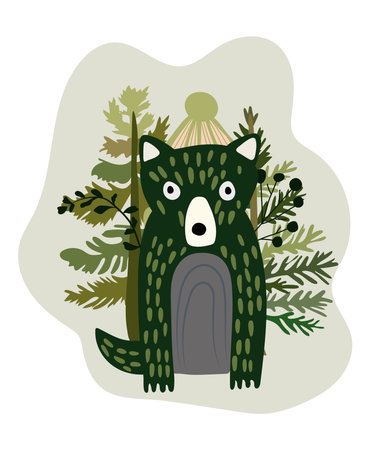 Christmas poster with Funny forest wolf, winter trees, berries. Woodland animals. Perfect for web, banner, card, poster. Vector illustrationのイラスト素材
