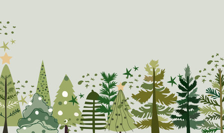 Hand-drawn vector collection of Christmas trees, adorned with festive ornaments, stars, snowflakes. Holiday poster featuring Christmas symbols. Perfect for web, banner, card. Vectorのイラスト素材