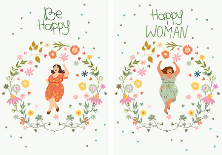Joyful plump ladies, females in sundresses dancing, flowers around, enjoying life. Embodying no diet day, body love, self acceptance despite extra weight, female freedom, weight positivity. Vector.のイラスト素材