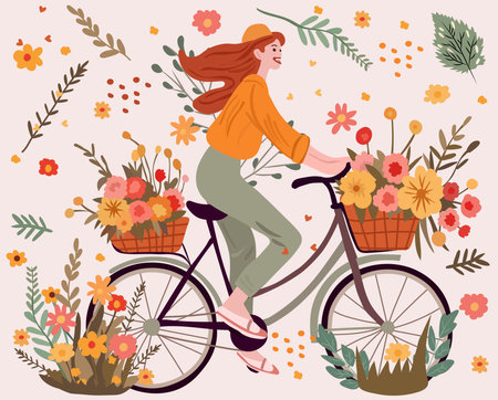 Delightful girl pedaling a bike with a basketful of blooms. Lovely woman cycling. Eco mobility concept. Perfect for web, banner, card. Vector illustration.のイラスト素材
