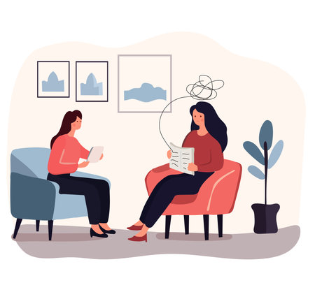 Mental health therapy notion. Female patient in a psychologists setting. Discussing with a psychiatrist while seated. Addressing stress, dependencies, and psychological issues. Vector.のイラスト素材