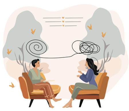 Concept of psychological healing. Woman attending a therapy appointment, engaging with a psychiatrist. Tackling stress, addictive behaviors, and mental hurdles. Vector.のイラスト素材
