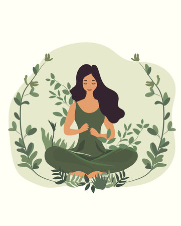 Female in tranquil meditation amidst nature and foliage.Concept for yoga, stress relief, mindfulness, relaxation, recreational wellness, and health. Vector illustration.のイラスト素材
