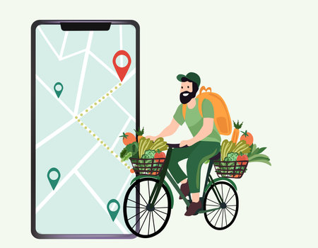 Online order, Courier on bike delivers fresh vegetables and fruits from a virtual grocery market. Mobile app to order grocery. Ecological fast delivery home and office. Vector illustration.のイラスト素材