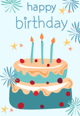 Birthday card with festive cake, confetti around. Illustration for a postcard or invitation. Concept...