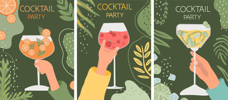 Vector set of assorted cocktails in flat design. Collection includes classic drinks in diverse glasses suitable for menus. Features both non-alcoholic and alcoholic beverages, for holiday celebrationのイラスト素材