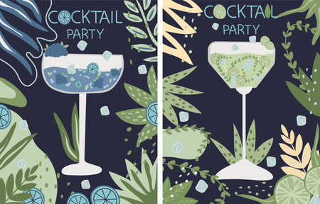 Banner with various cocktails. The collection includes classic alcoholic and non-alcoholic drinks in a variety of glasses suitable for menus and various celebrations.Vector.のイラスト素材
