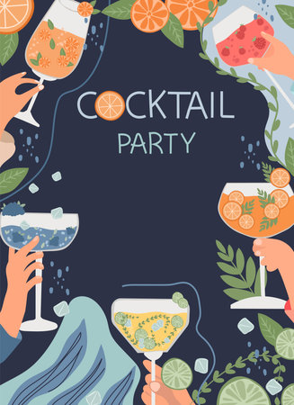 Vector set of assorted cocktails in flat design. Collection includes classic drinks in diverse glasses suitable for menus. Features both non-alcoholic and alcoholic beverages, for holiday celebrationのイラスト素材