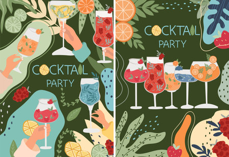 Banner with various cocktails. The collection includes classic alcoholic and non-alcoholic drinks in a variety of glasses suitable for menus and various celebrations.Vector.のイラスト素材