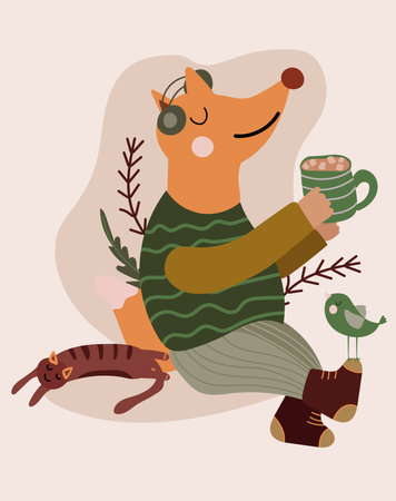 Cute illustration with red fox drinking hot tea and listening to music, lazy cat, bird. Perfect vector design for posters, greeting cards and various creative projects. Vector.のイラスト素材
