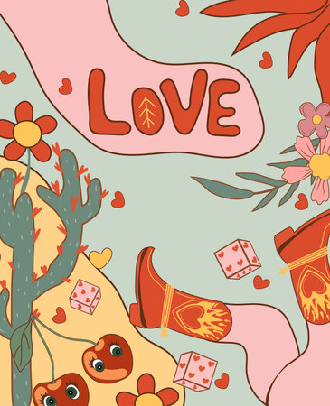 Retro Valentines Day card. Showcases cartoon-style groovy romantic elements and festive hippie characters. Perfect for use as love-themed stickers on posters and cards. Vector illustration.のイラスト素材