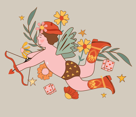 Groovy cupid, daisy, flower perfect for Hippie 60s-70s themed posters, greeting cards stickers, covers, t-shirt prints, and party invitations.のイラスト素材