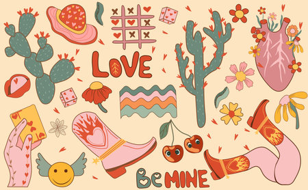 Retro Valentines Day sticker collection. Features cartoon groovy romantic elements and holiday hippie characters. Ideal as love stickers for posters and cards. Vector illustration.のイラスト素材