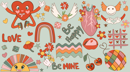 Comic-inspired happy heart character, designed in a chic retro 60s-70s cartoon style. Includes a variety of retro heart, sun, rainbow, flowers. Ideal as love stickers for posters and cards. Vector.のイラスト素材