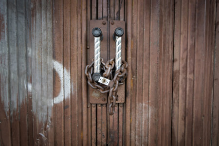 Padlock and chain locked securely on rusty door.