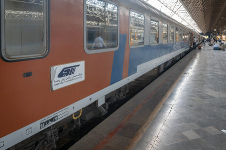 Shiraz, Iran - June 2018: Iranian train at Shiraz railway station platform in Iran. Shiraz is a...