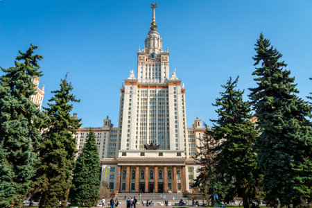 Moscow, Russia - April 2019: Main building of Moscow State University, Moscow, Russia. It is the...