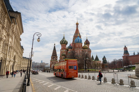Moscow, Russia - April 2018: St Basil`s Cathedral on Red Square in Moscow, Russia. St Basil`s temple...