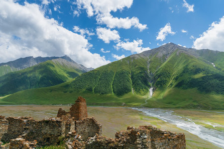 Truso Valley and Gorge  landscape with Zakagori Fortress on trekking / hiking route, in Kazbegi,...