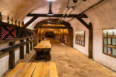 Kakheti, Georgia - October 2019: Underground wine cellar tunnel of Khareba Winery. The tunnel was...
