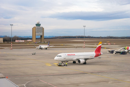 Budapest, Hungary - February 2020: Iberia Airlines aircraft on runway of Budapest Ferenc Liszt...