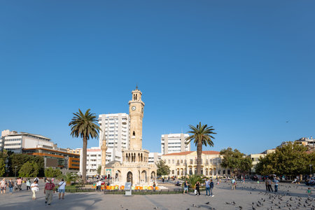 Izmir, Turkey - September 2021: Izmir Clock Tower in the daytime at the Konak Square, a famous...