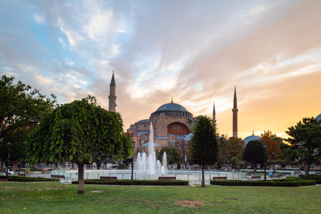 Hagia Sophia at dawn, famous landmark of Istanbul taken in old town Sultanahmet area in Turkey