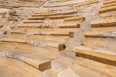 Ancient Greek style amphitheatre audience seat, stairstep close-up architectural detail, in Patara...