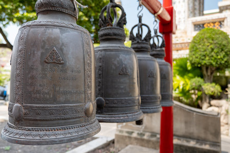 Buddhist bells in Thailand, a large Buddhist drum gong with decoration.
