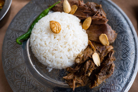 Assyrian dish with lamb and rice, in Mardin, Turkey. Authentic Assyrian middle eastern food