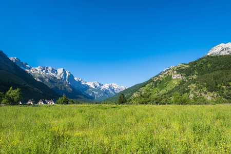 Albanian Alps view. Accursed Mountains landscape viewed from Valbona and Theth hiking trail in...