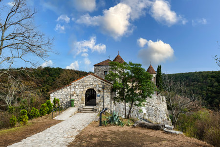 Motsameta monastery, medieval stone orthodox church located on a cliff near Kutaisi, Georgia,...