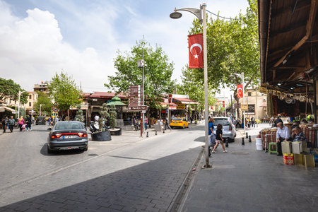 Gaziantep, Turkey - May 2022: Gaziantep old town street view, near the historic bazaar and market....