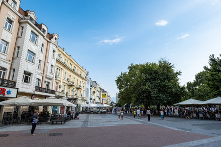 Plovdiv, Bulgaria - August 2022: Plovdiv city view with the main pedestrian street. The main street...