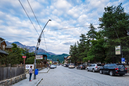Mestia, Georgia - September 2022:  Mestia town center street view in Svanati region, Georgia. Mestia...